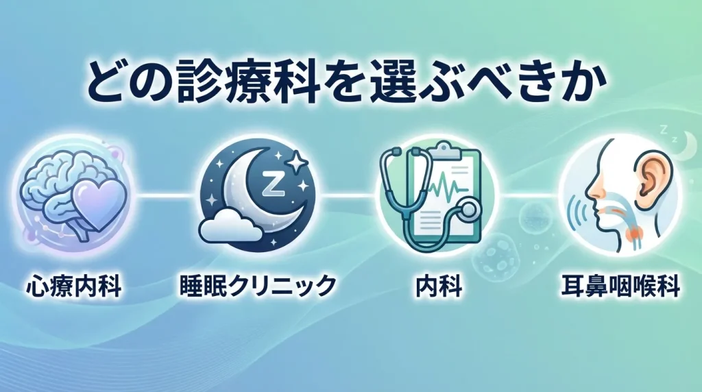 眠れなさが続く時の相談先として、心療内科、睡眠クリニック、内科、耳鼻咽喉科を示した画像