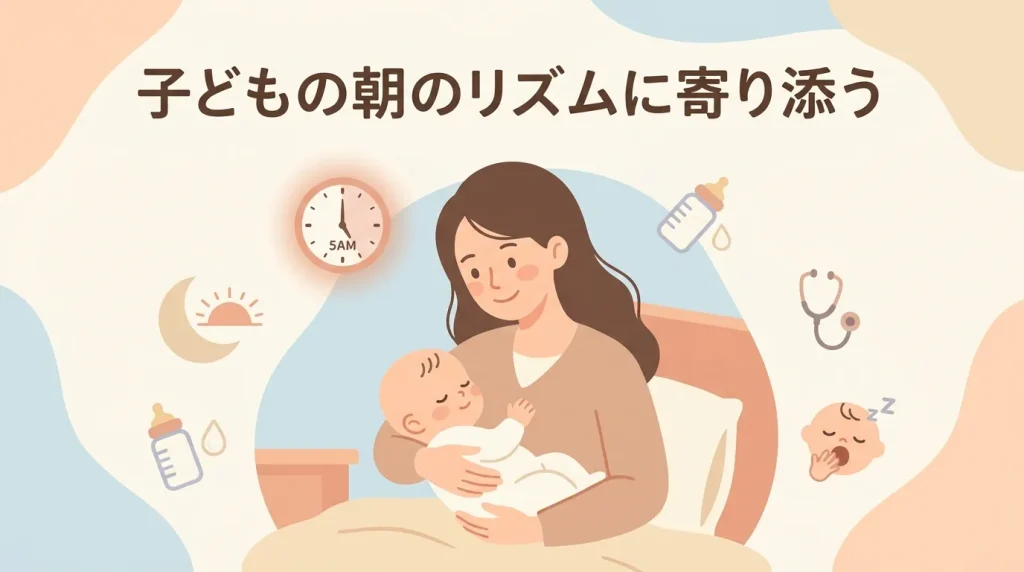 早朝に目覚めた赤ちゃんを抱く母親と乳幼児の生活リズムへの対応を表したイラスト