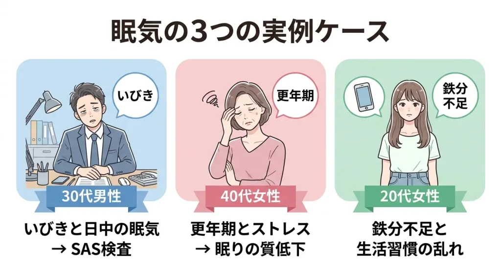 いびき、更年期、鉄分不足など眠気の実例ケースと改善の方向性を示したイラスト