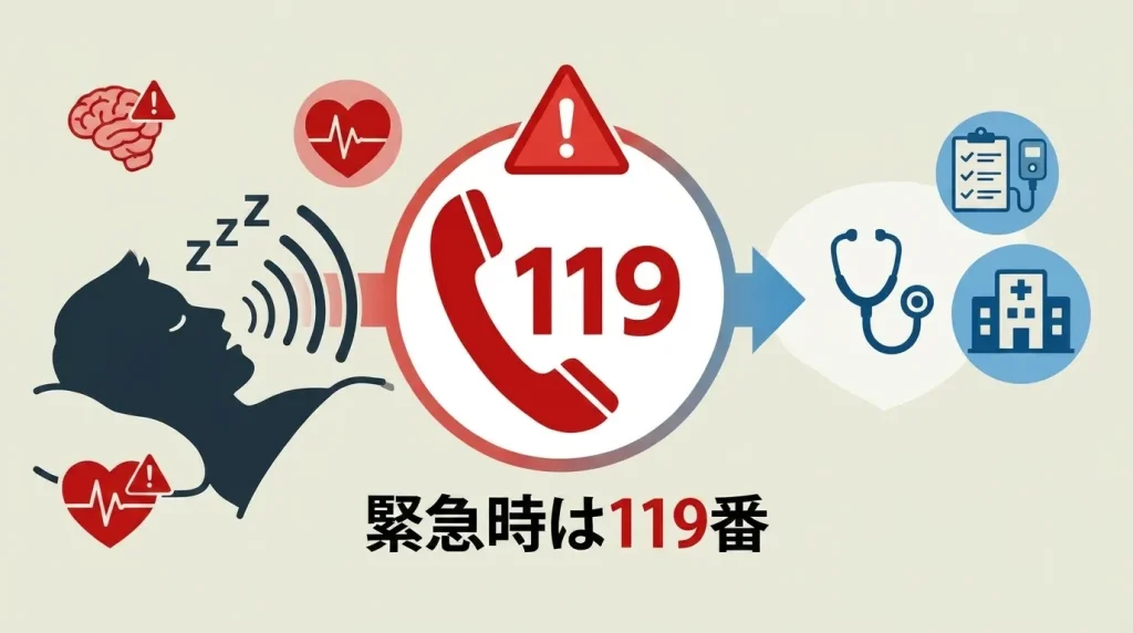 いびきで起きない緊急時は脳梗塞などの可能性を考えて迷わず119番に相談することを示す図
