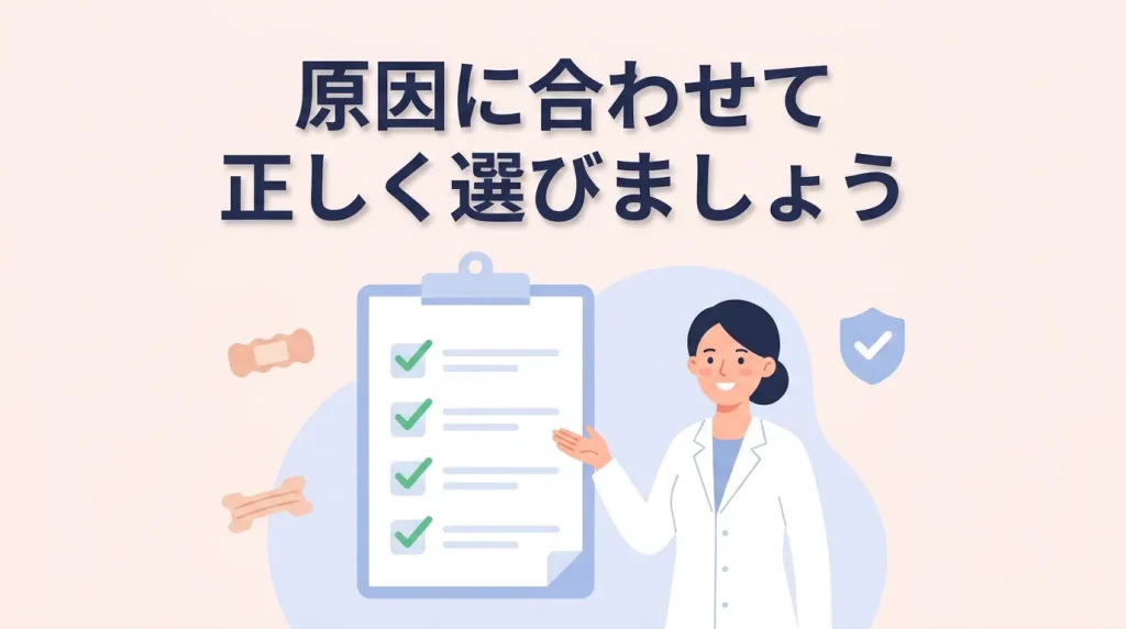 いびきの原因に合わせたテープ選びと、危険な症状がある場合の受診を促すイラスト