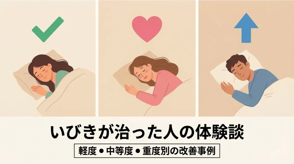 いびきが改善した人の体験談を軽度から重度別に紹介するイメージ画像