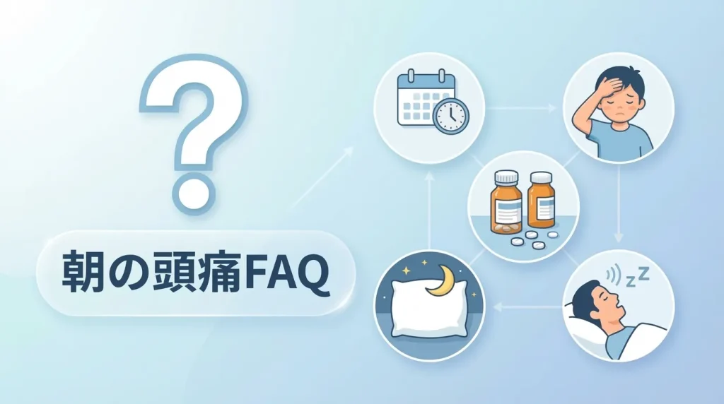朝の頭痛に関するよくある質問を、睡眠・服薬・時間帯などの要素とともに示したFAQイメージ