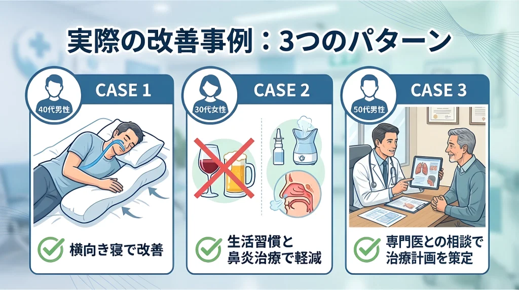 いびき改善の3つの事例として、横向き寝、生活習慣の見直し、専門医への相談を紹介する画像