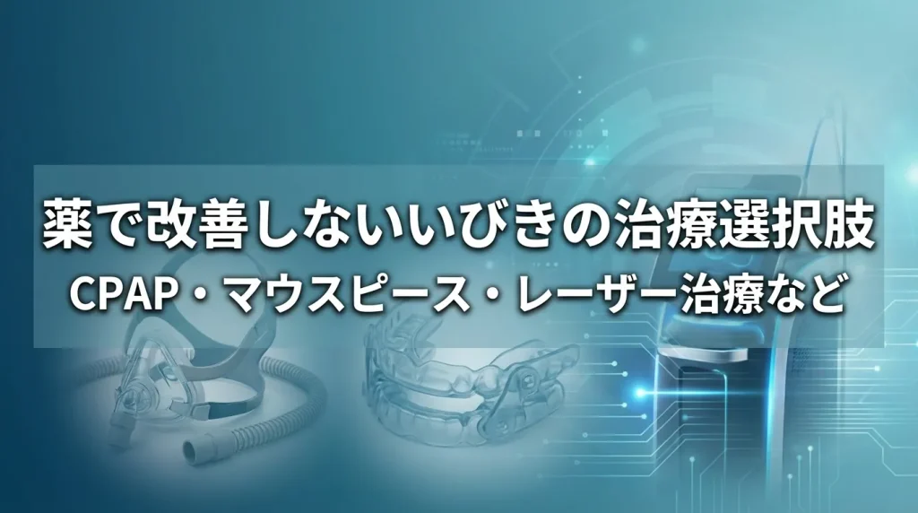 薬で改善しないいびきに対するCPAPやマウスピースなどの治療選択肢を示すイメージ画像