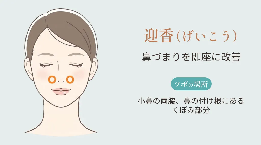迎香（げいこう）のツボの位置。小鼻の両脇、鼻の付け根にあるくぼみ部分を示したイラスト