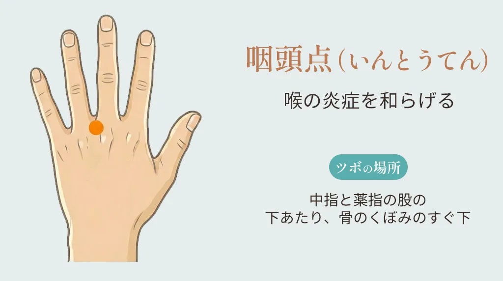 咽頭点（いんとうてん）のツボの位置。手の中指と薬指の股の下あたり、骨のくぼみのすぐ下の部分を示したイラスト