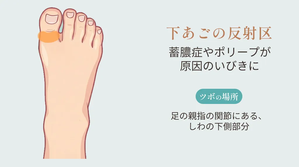 下あごの反射区の位置。足の親指の関節にある、しわの下側部分を示したイラスト