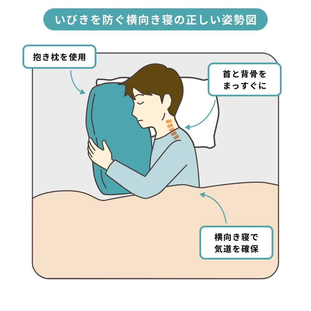 いびきを防ぐ横向き寝の正しい姿勢図